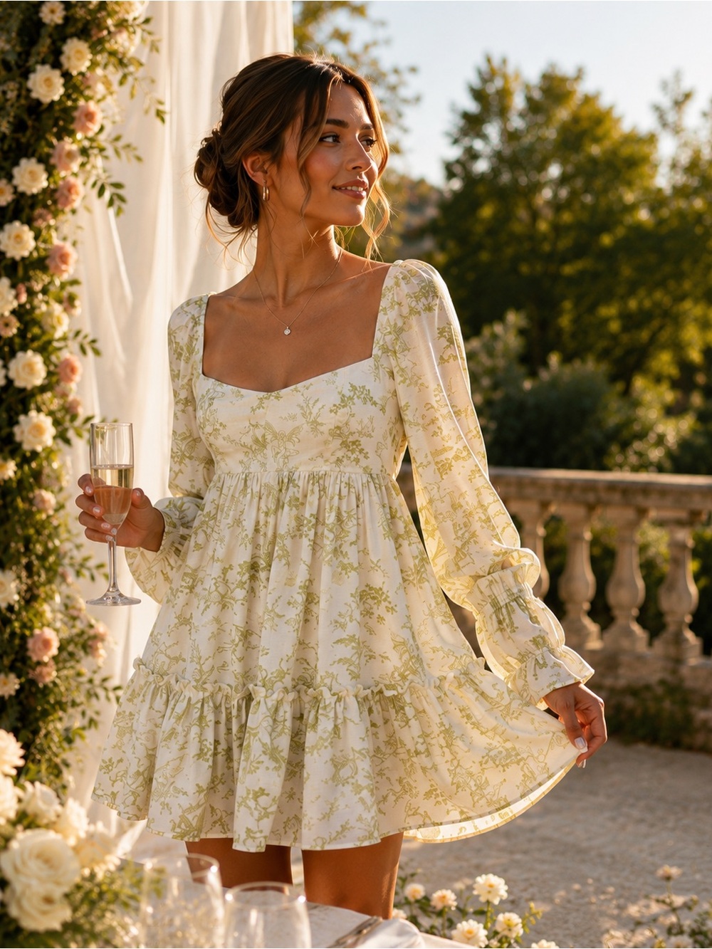 Urban Outfitters Fairy Toile Open Back Mini Dress Cream Green Small Cottagecore